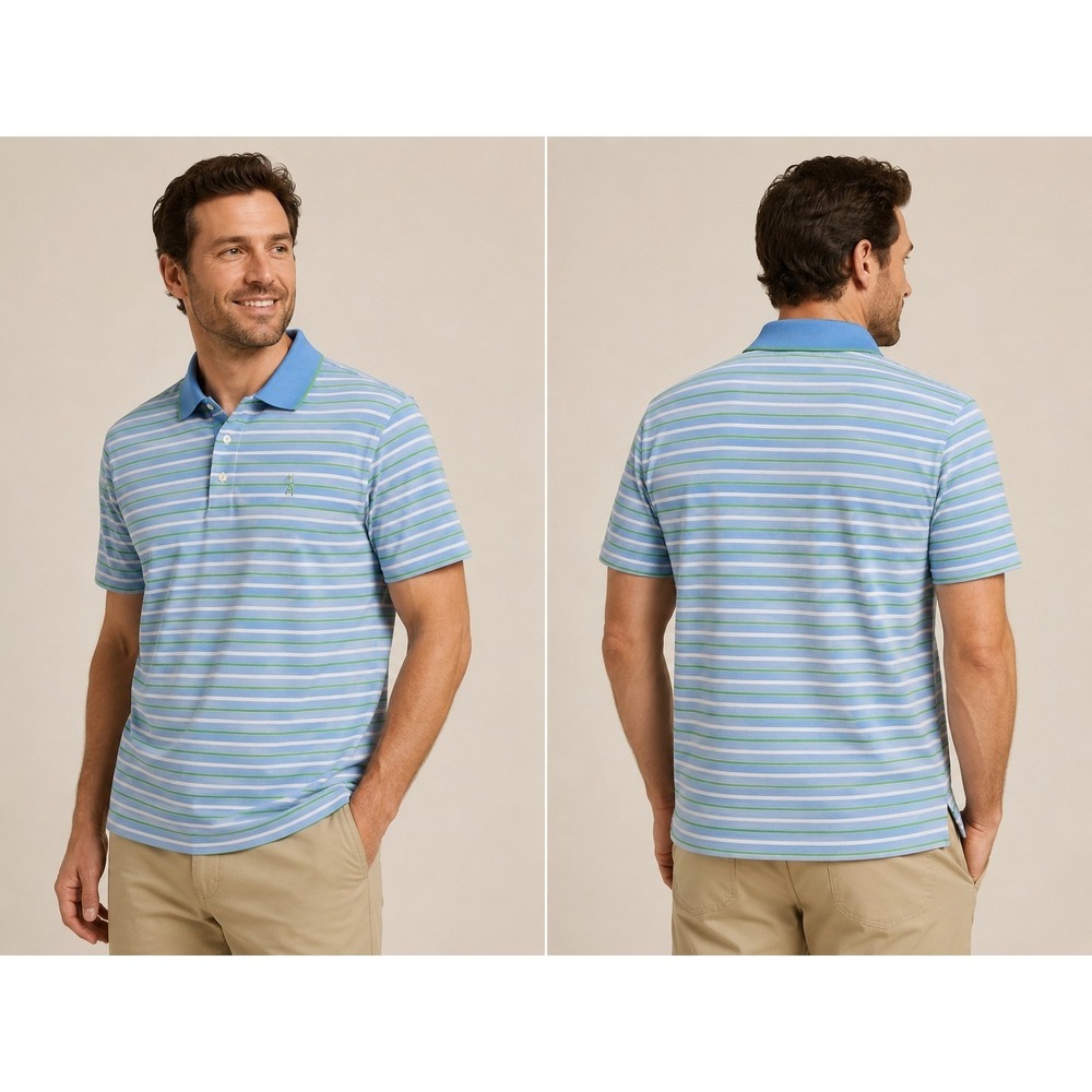 Bobby Jones Performance Polo Shirt Men's Medium Blue Green White Striped Golf...
